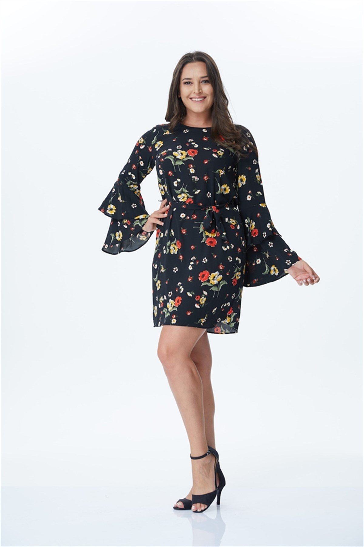 Kolları Volanlı Çiçekli ElbiseMYLINE34161