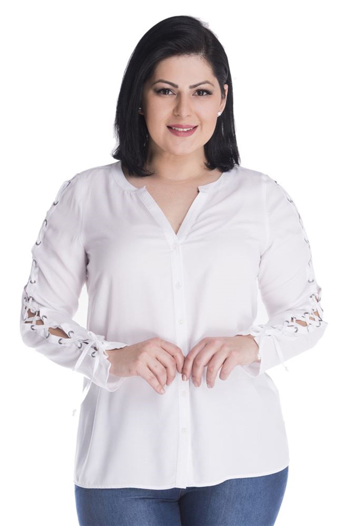 Kolu Kuşgözlü Uzun Kollu Önü Düğmeli BluzMYLINE23453-m