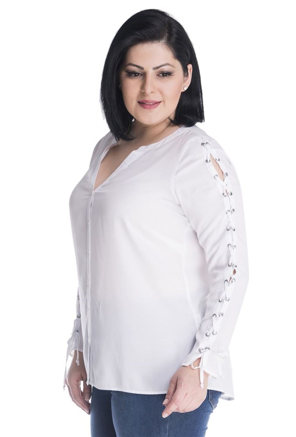 Kolu Kuşgözlü Uzun Kollu Önü Düğmeli BluzMYLINE23453-m