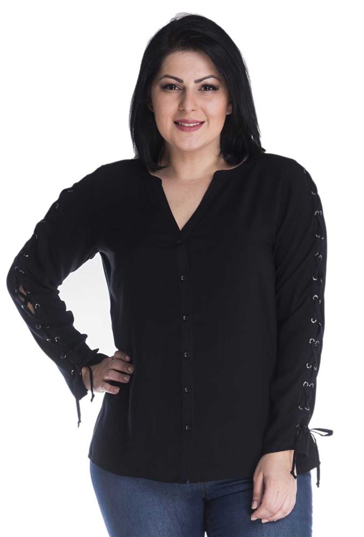 Kolu Kuşgözlü Uzun Kollu Önü Düğmeli BluzMYLINE23452-m