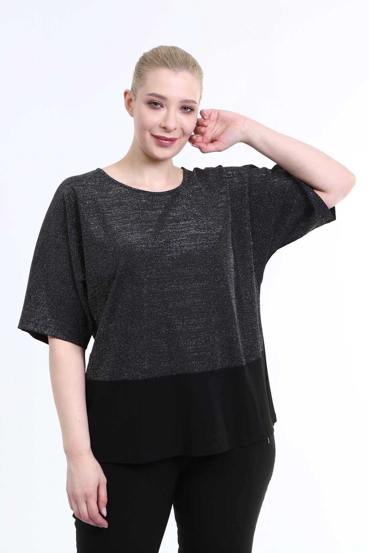 Myline-3/4 Kol Önü Simli Bluz-Büyük Beden Bluz-66704