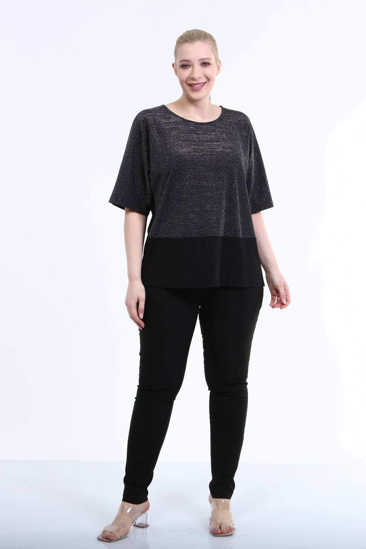 Myline-3/4 Kol Önü Simli Bluz-Büyük Beden Bluz-66704