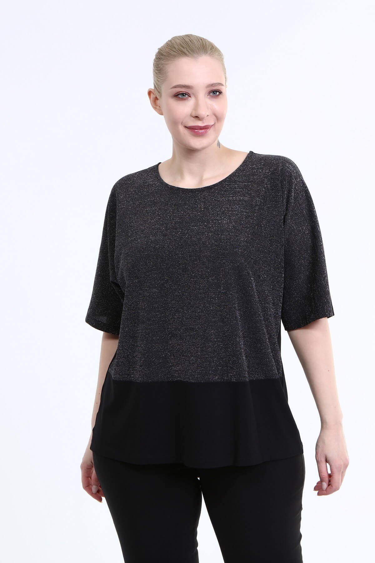 Myline-3/4 Kol Önü Simli Bluz-Büyük Beden Bluz-66704