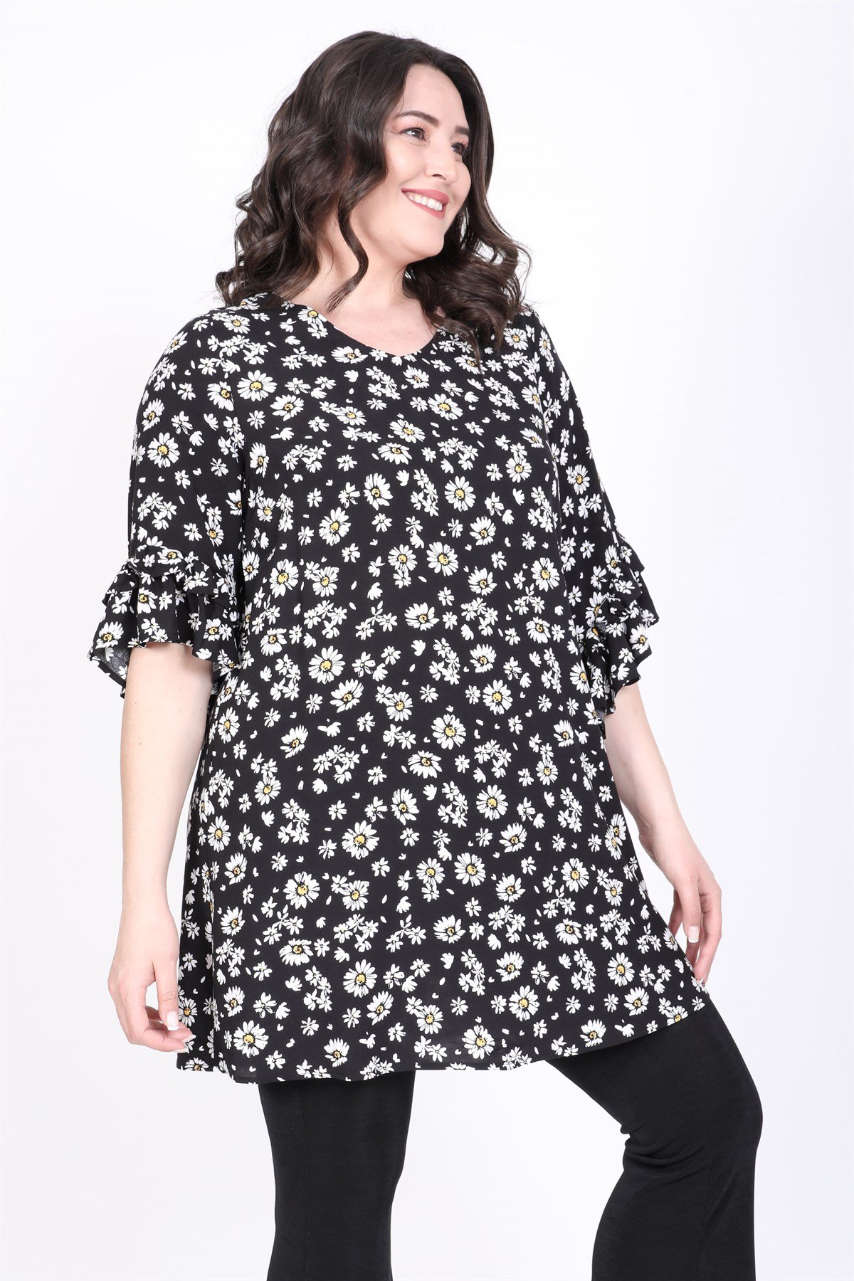 Myline-3/4 Kollu Kolları Fır Fırlı Bluz-Büyük Beden Bluz-45459