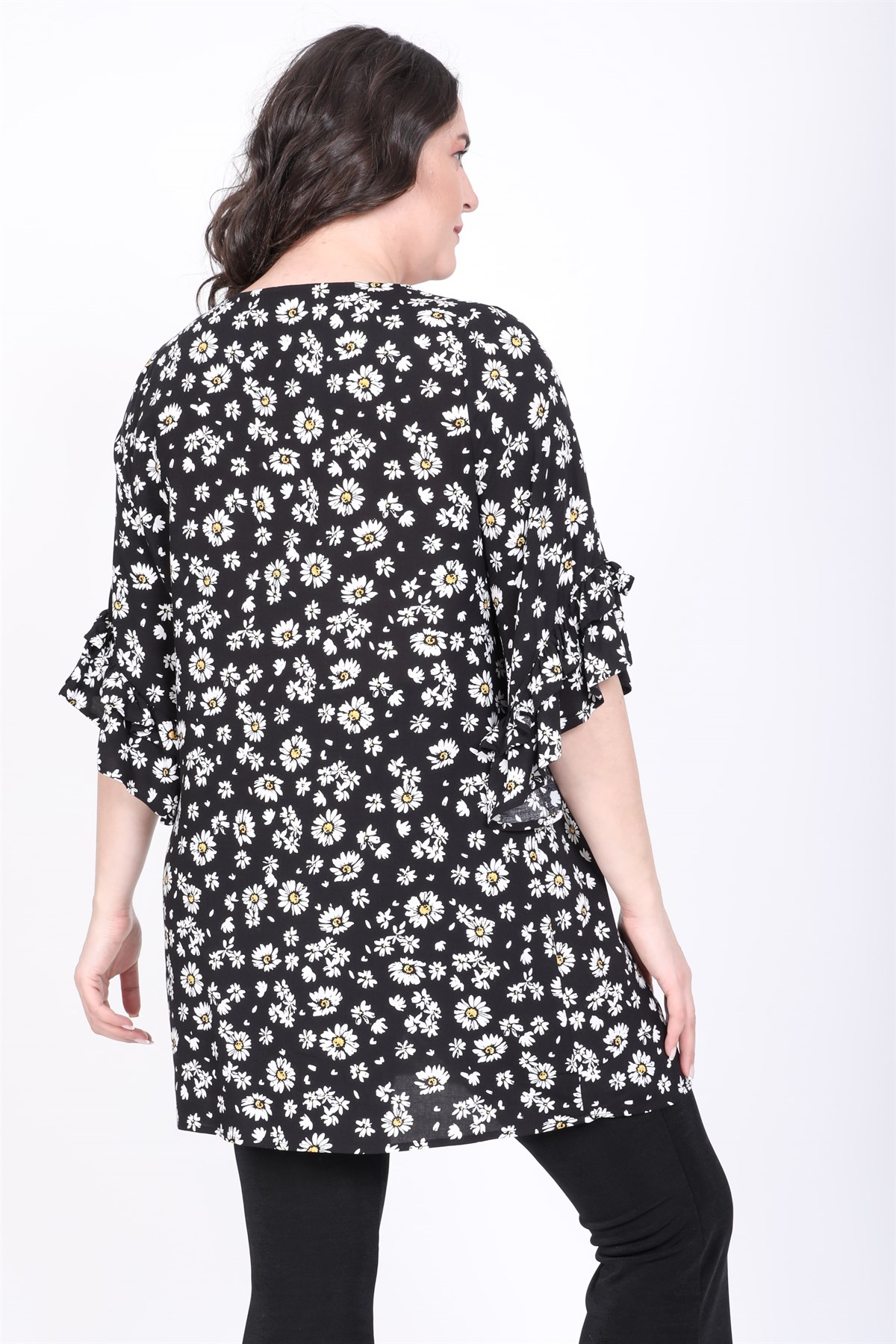 Myline-3/4 Kollu Kolları Fır Fırlı Bluz-Büyük Beden Bluz-45459