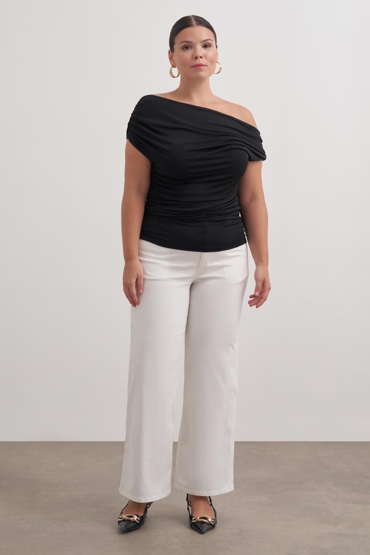 Myline-Açık Omuzlu Drape Detaylı Bluz-Büyük Beden Bluz-149552