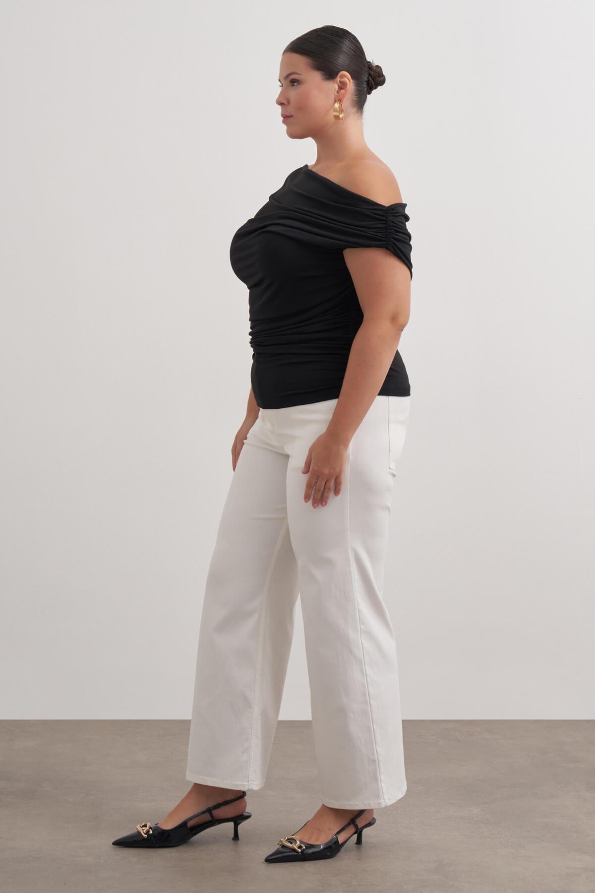 Myline-Açık Omuzlu Drape Detaylı Bluz-Büyük Beden Bluz-149552