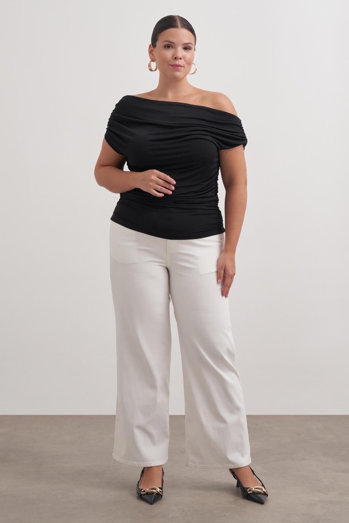 Myline-Açık Omuzlu Drape Detaylı Bluz-Büyük Beden Bluz-149552