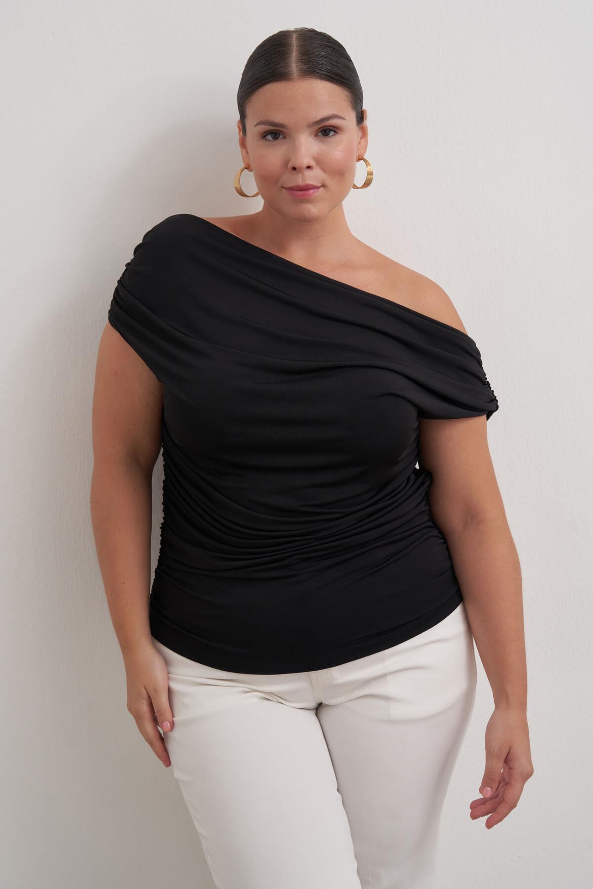 Myline-Açık Omuzlu Drape Detaylı Bluz-Büyük Beden Bluz-149552