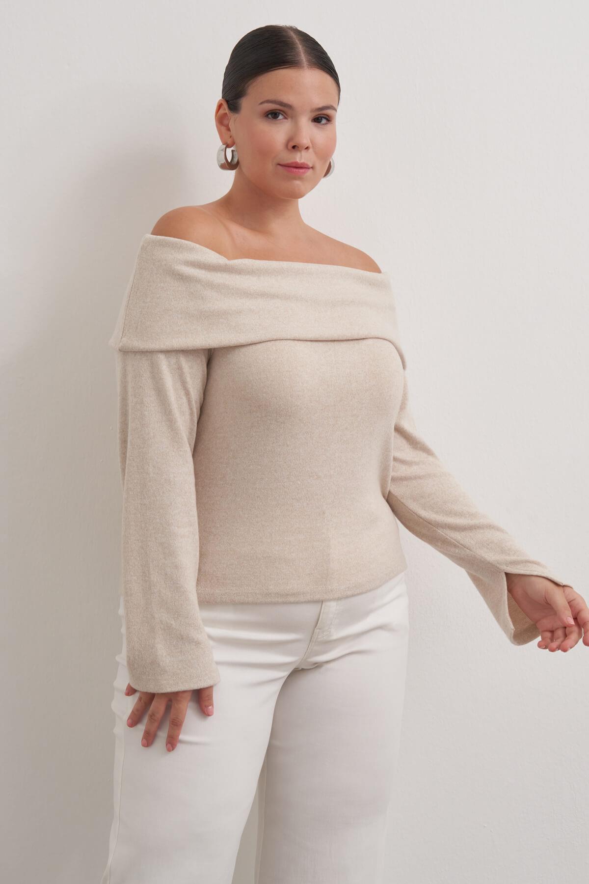 Myline-Açık Omuzlu Triko Bluz-Büyük Beden Bluz-149571