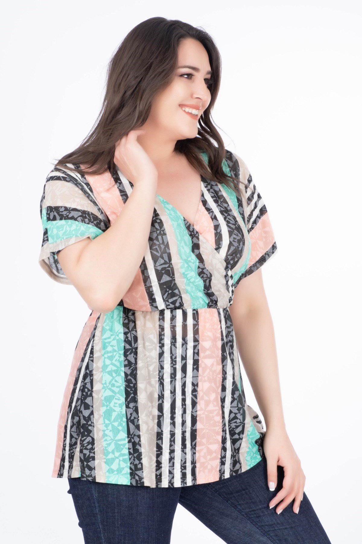 MYLINE-Anvelop Çizgili Bluz-Bluz-34559