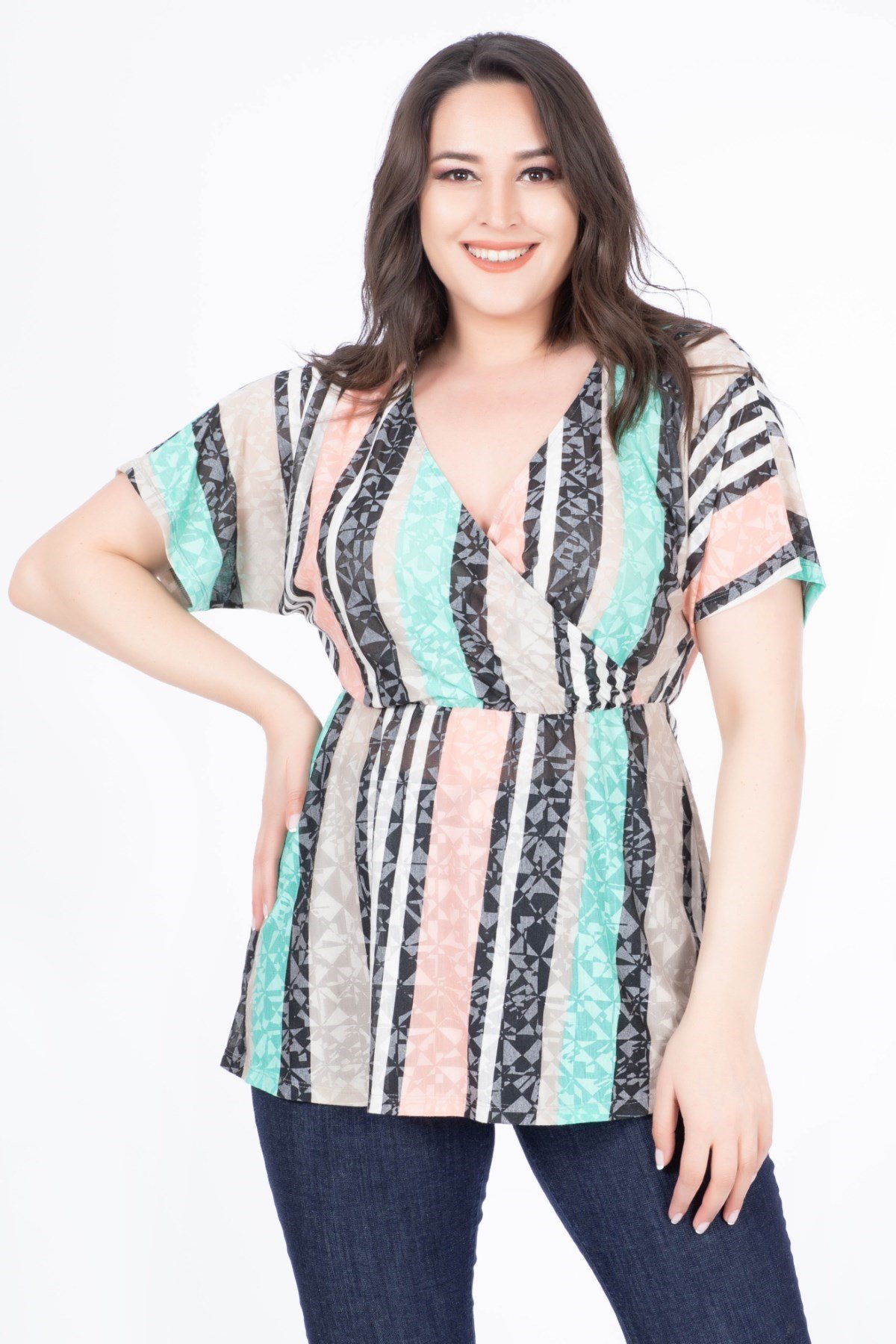 MYLINE-Anvelop Çizgili Bluz-Bluz-34559