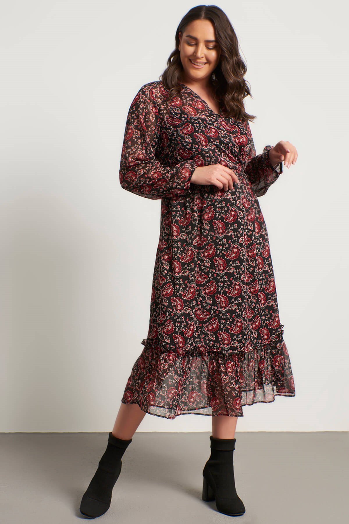 Myline-Anvelop Şifon Astarlı Fırfır Detay Elbise-Büyük Beden Günlük Elbiseler-45780