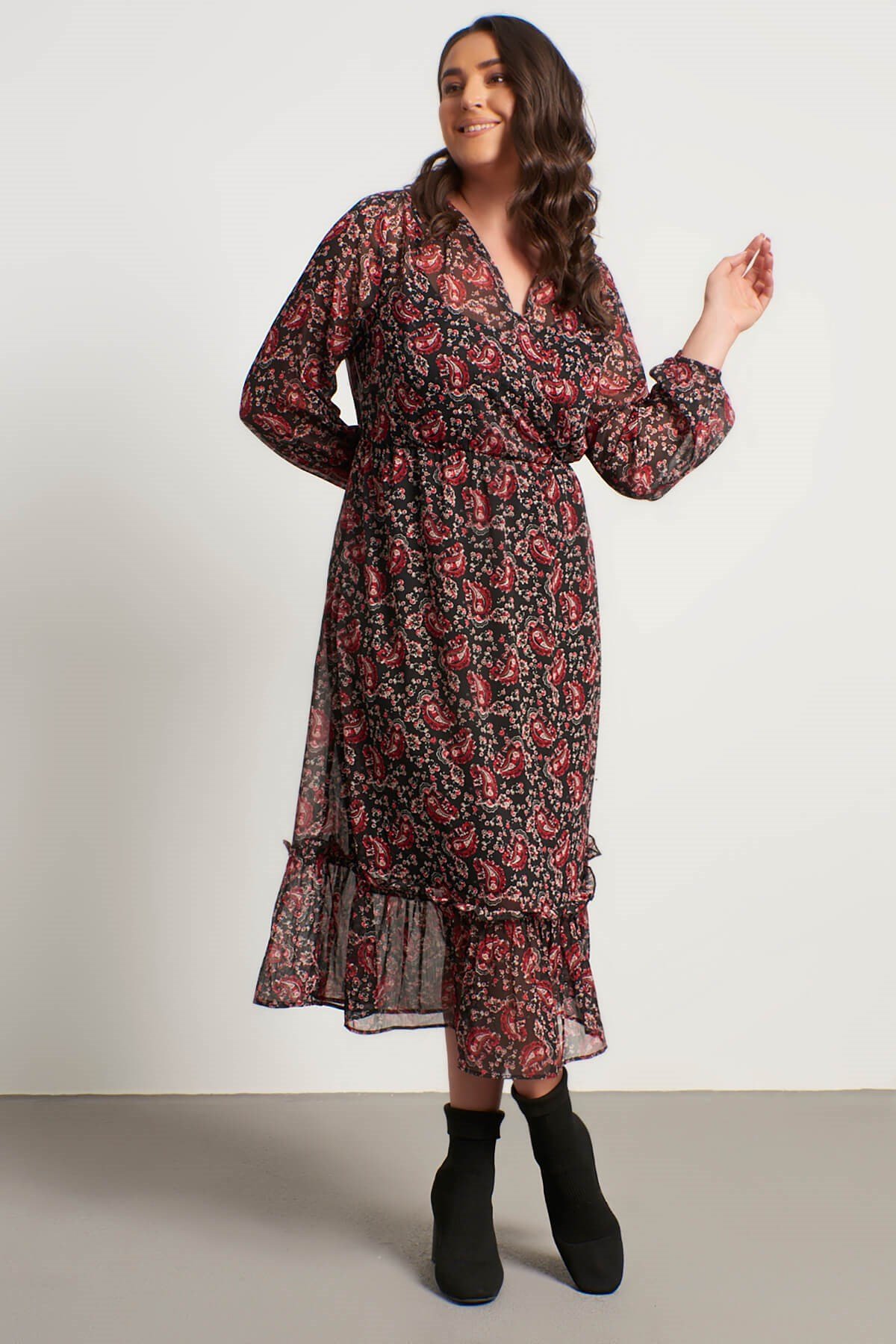 Myline-Anvelop Şifon Astarlı Fırfır Detay Elbise-Büyük Beden Günlük Elbiseler-45780