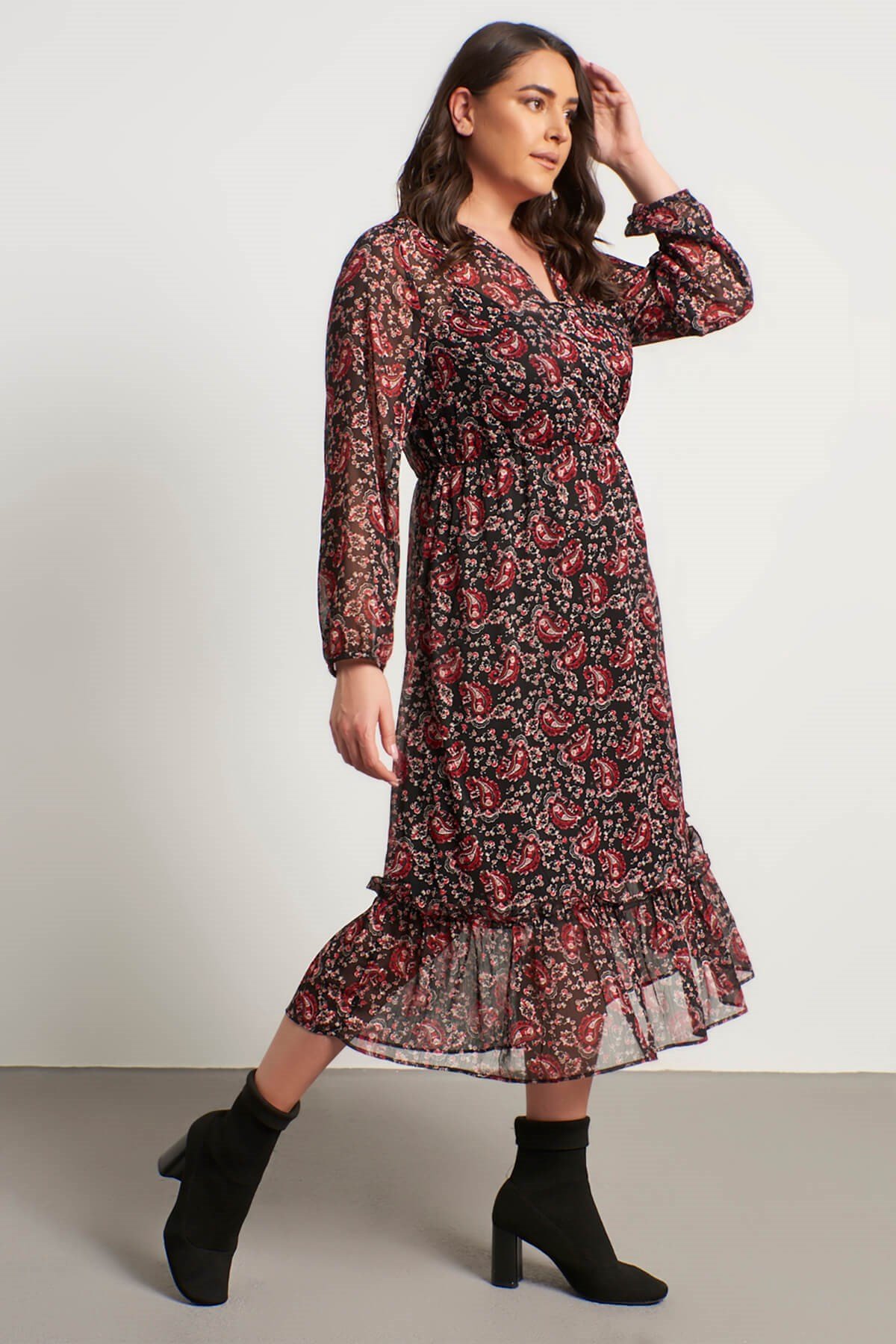 Myline-Anvelop Şifon Astarlı Fırfır Detay Elbise-Büyük Beden Günlük Elbiseler-45780