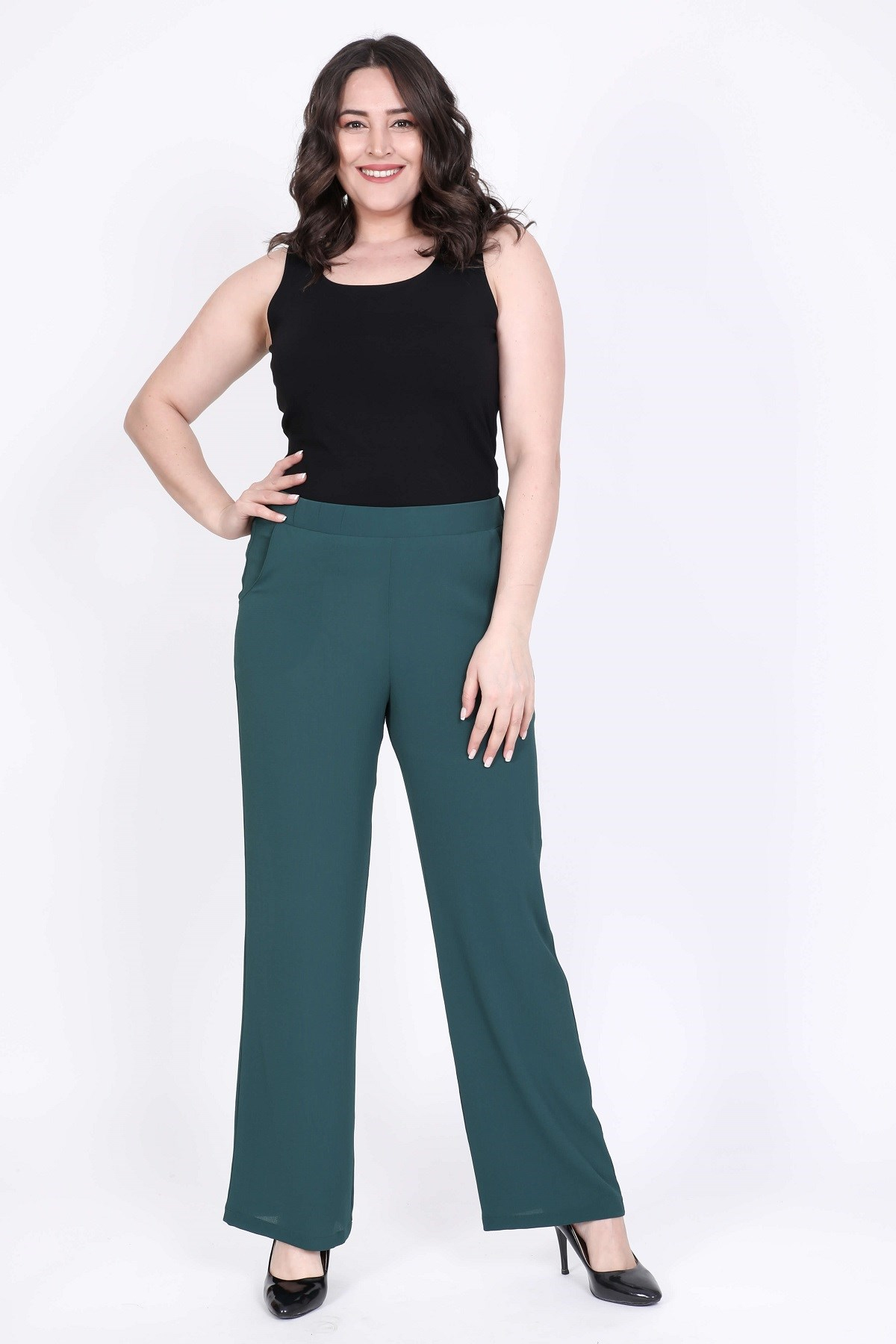 Myline-Arka Bel Lastikli Boru Paça Pantolon-Büyük Beden Pantolon-35056