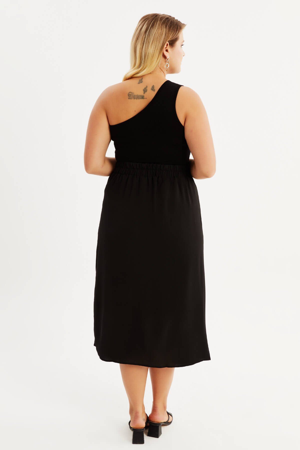 Myline-Arka Beli Lastikli Büzgülü Midi Etek-Büyük Beden Etek-87867