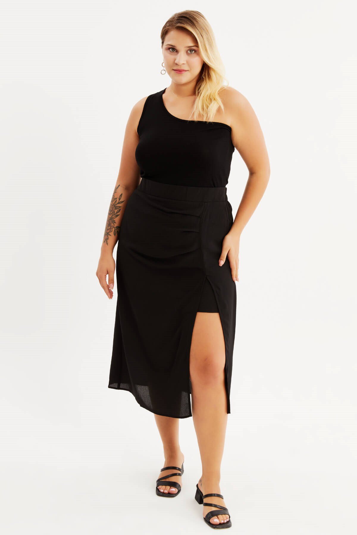 Myline-Arka Beli Lastikli Büzgülü Midi Etek-Büyük Beden Etek-87867