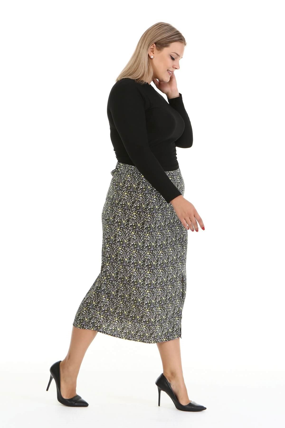 Myline-Arka Beli Lastikli Yırtmaçlı Etek-Büyük Beden Etek-66846