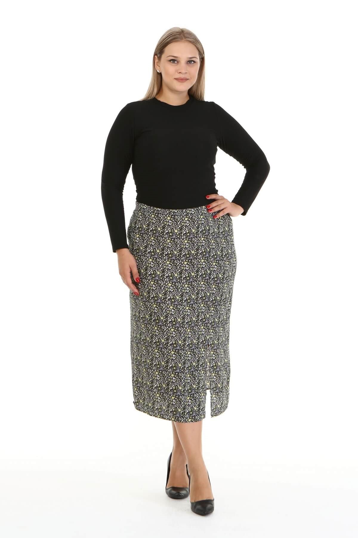 Myline-Arka Beli Lastikli Yırtmaçlı Etek-Büyük Beden Etek-66846