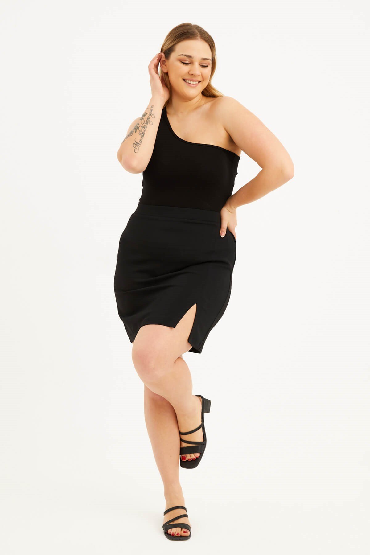 Myline-Arka Beli Lastikli Yırtmaçlı Mini Etek-Büyük Beden Etek-77605