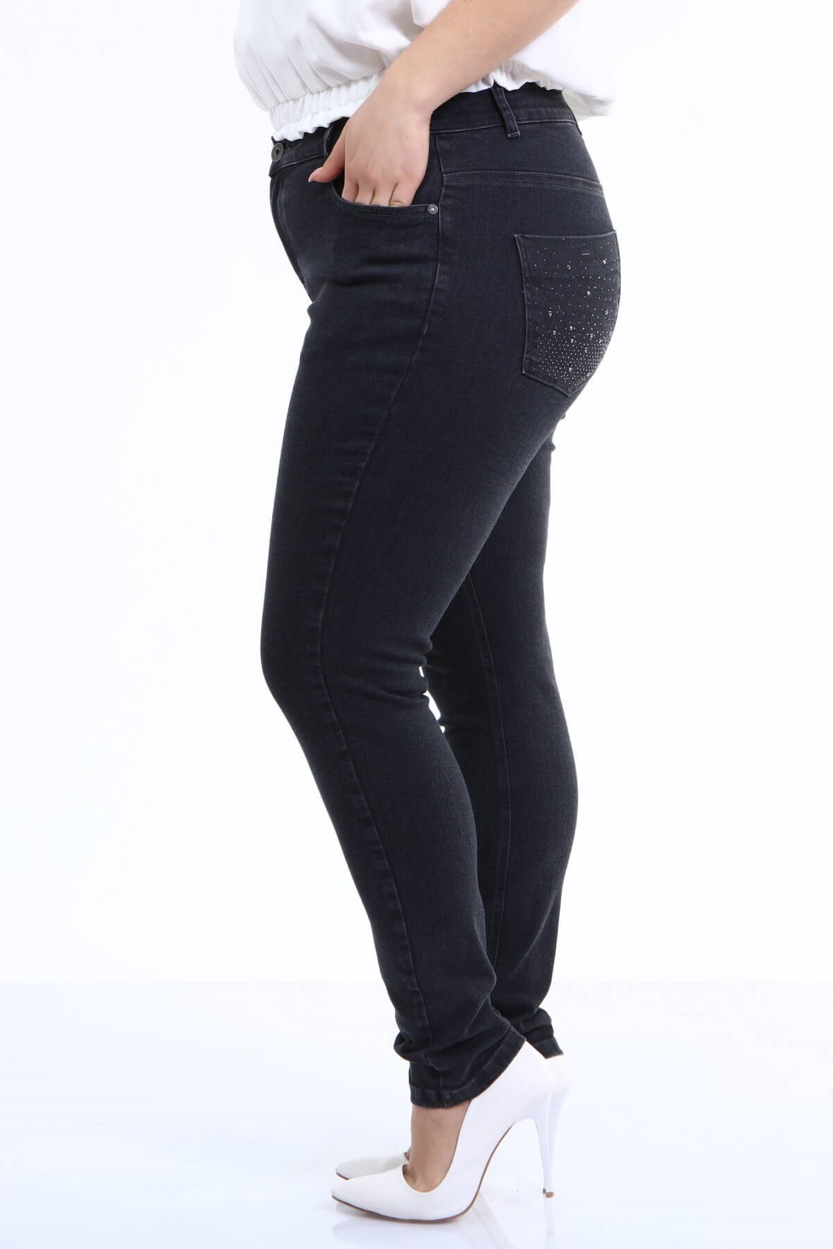 Myline-Arka Cep Taş Baskı Denim Pantolon-Büyük Beden Pantolon-66586