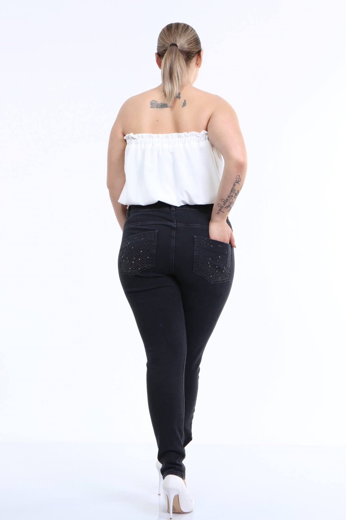 Myline-Arka Cep Taş Baskı Denim Pantolon-Büyük Beden Pantolon-66586