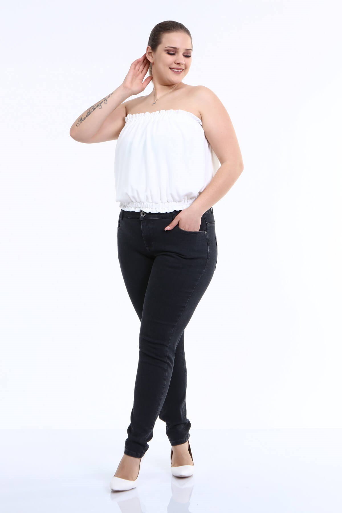 Myline-Arka Cep Taş Baskı Denim Pantolon-Büyük Beden Pantolon-66586