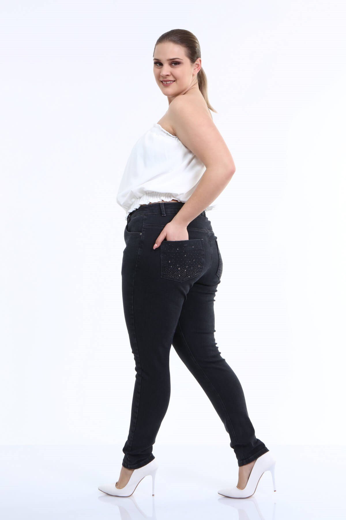 Myline-Arka Cep Taş Baskı Denim Pantolon-Büyük Beden Pantolon-66586