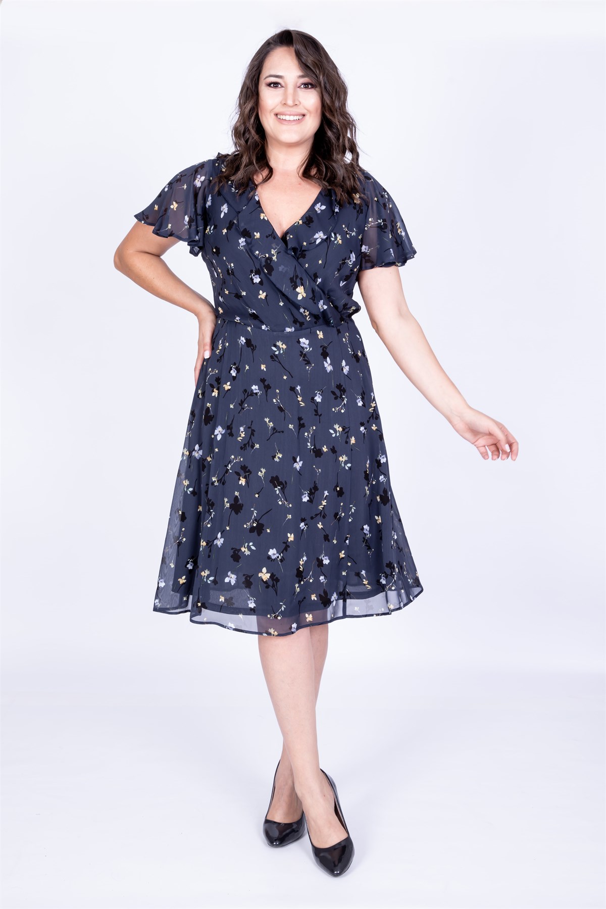 Myline-Arkası Çapraz Biyeli Şifon Elbise-Büyük Beden Günlük Elbiseler-35144