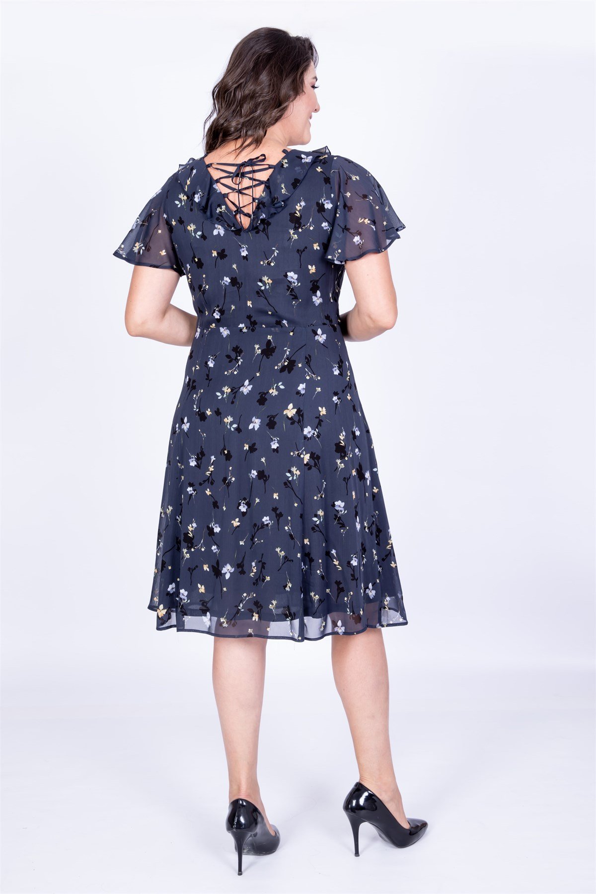 Myline-Arkası Çapraz Biyeli Şifon Elbise-Büyük Beden Günlük Elbiseler-35144