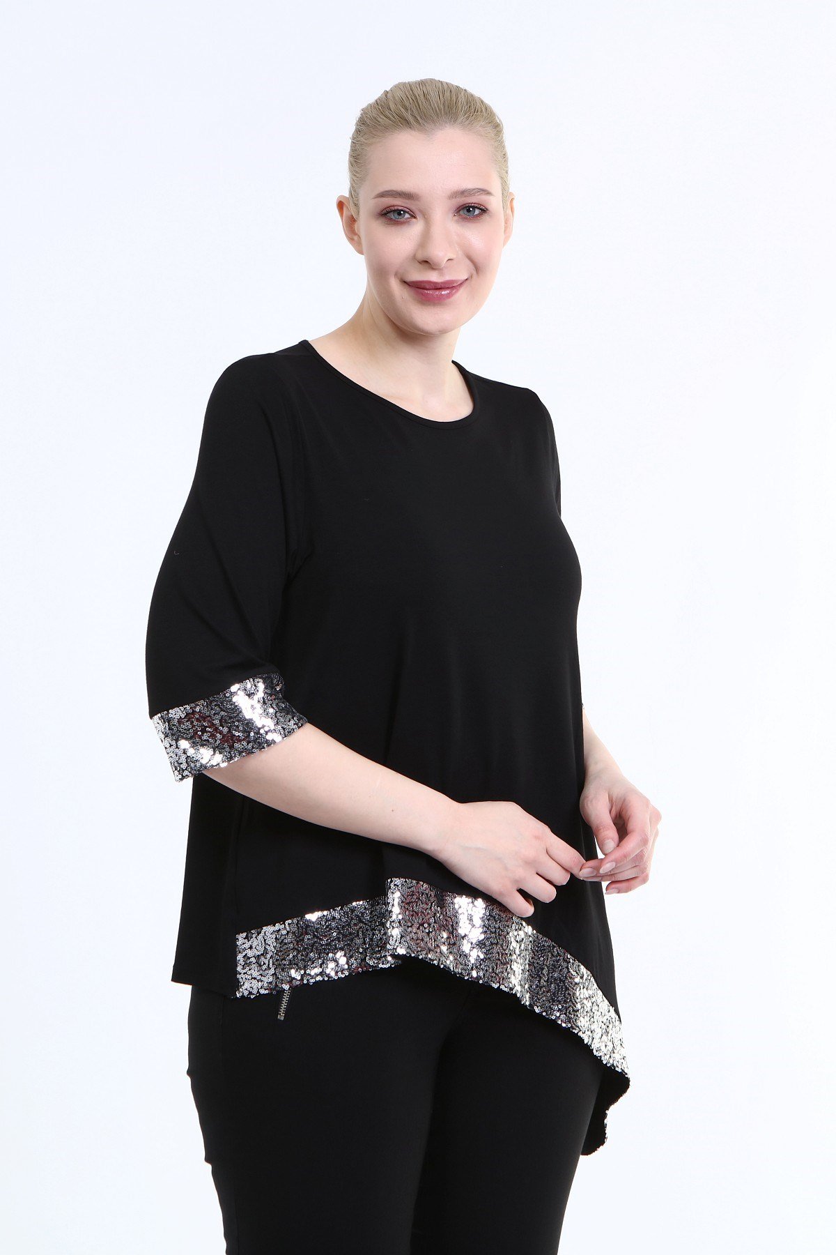 Myline-Asimetrik Payetli Penye Bluz-Büyük Beden Bluz-66707