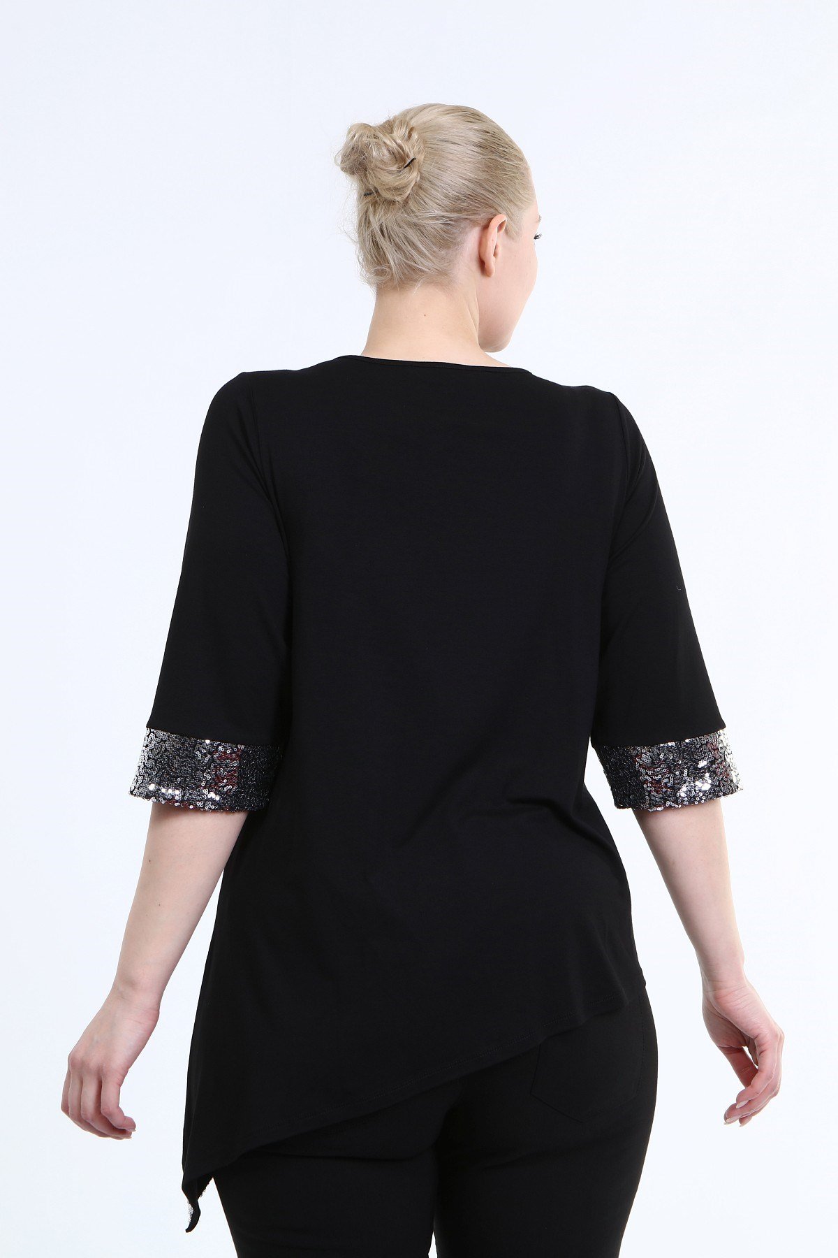 Myline-Asimetrik Payetli Penye Bluz-Büyük Beden Bluz-66707