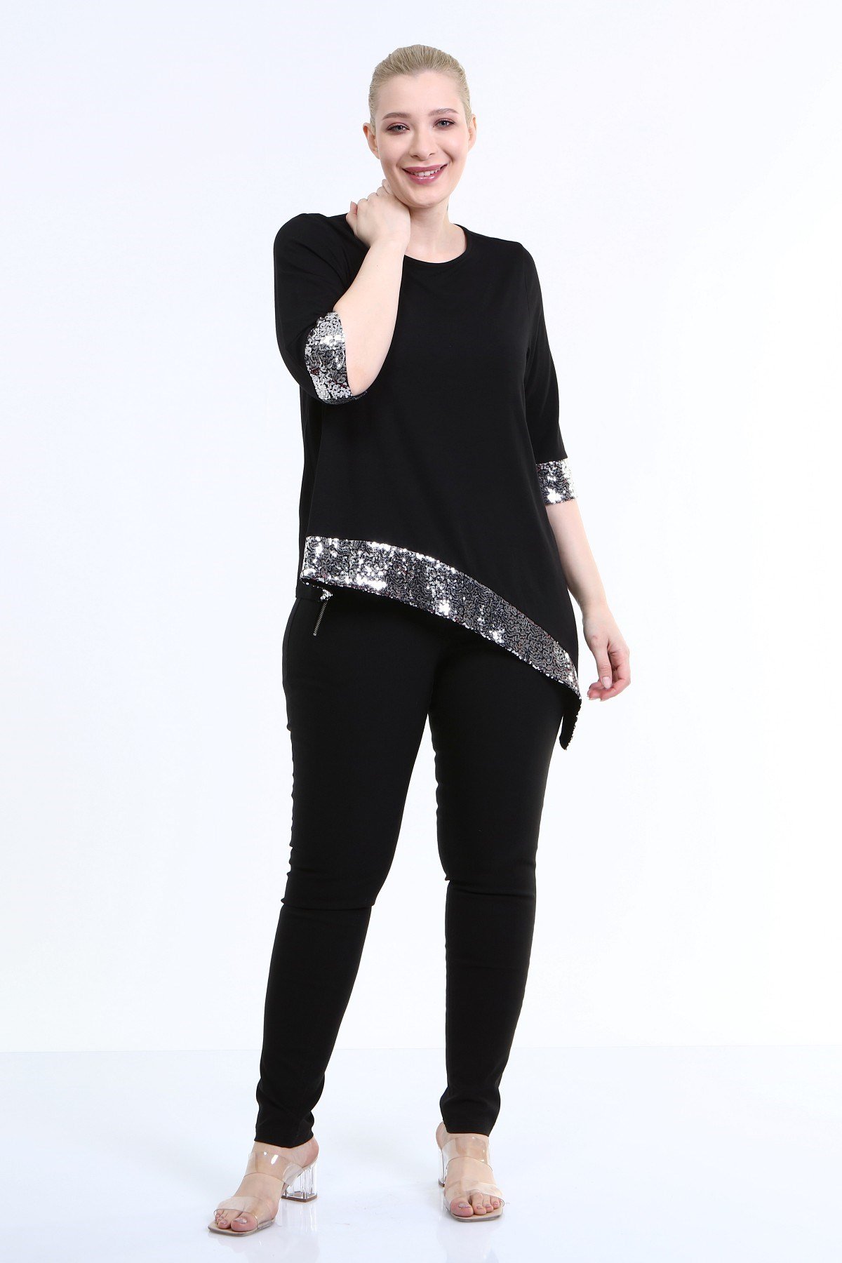 Myline-Asimetrik Payetli Penye Bluz-Büyük Beden Bluz-66707