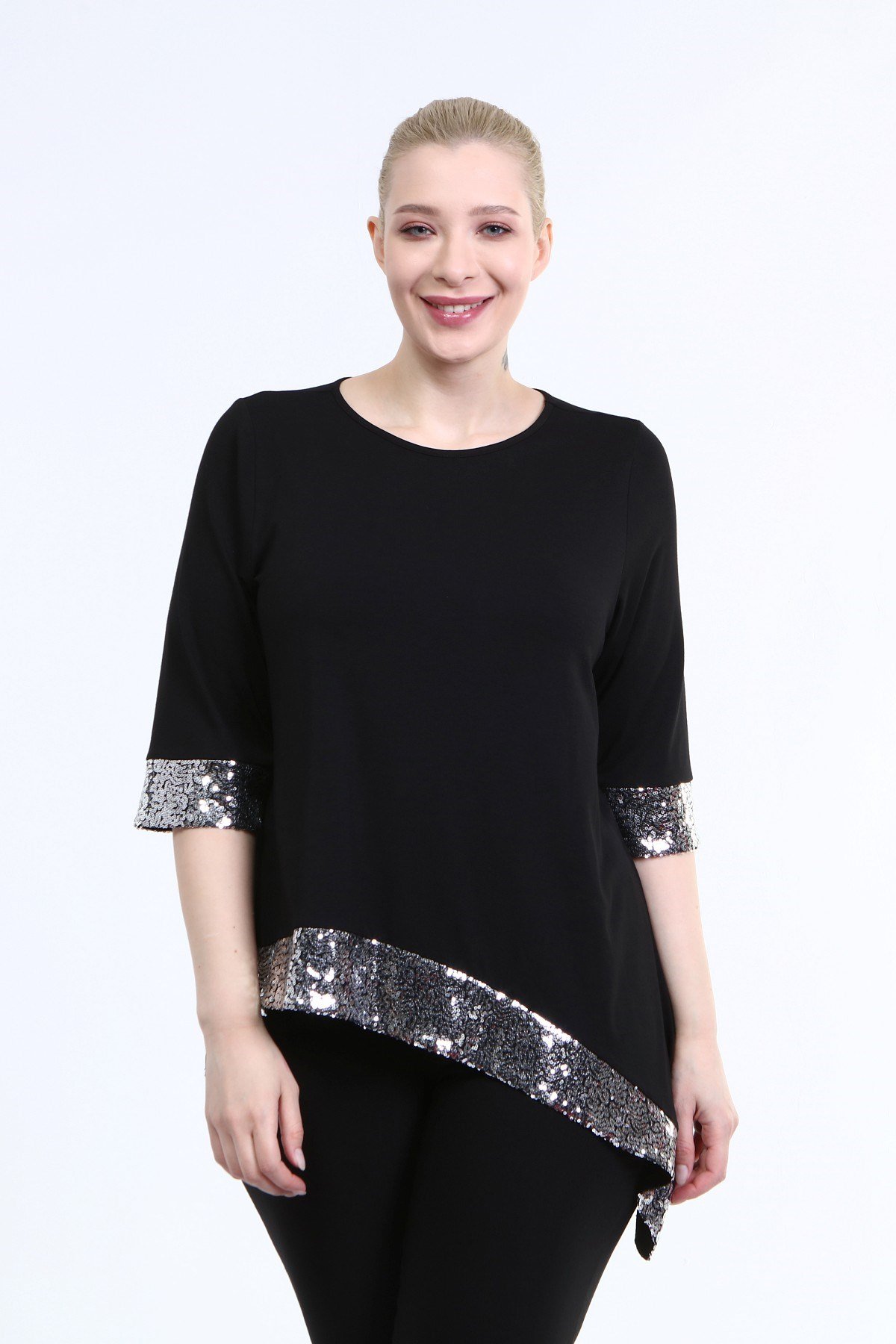 Myline-Asimetrik Payetli Penye Bluz-Büyük Beden Bluz-66707