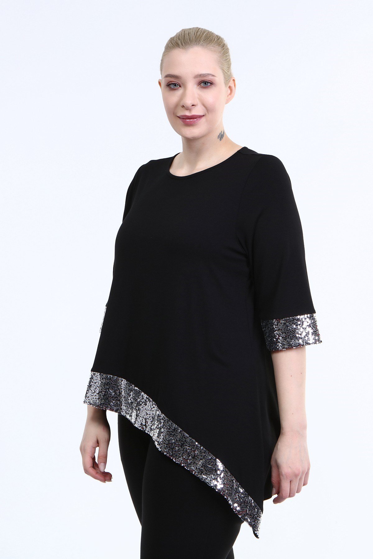 Myline-Asimetrik Payetli Penye Bluz-Büyük Beden Bluz-66707