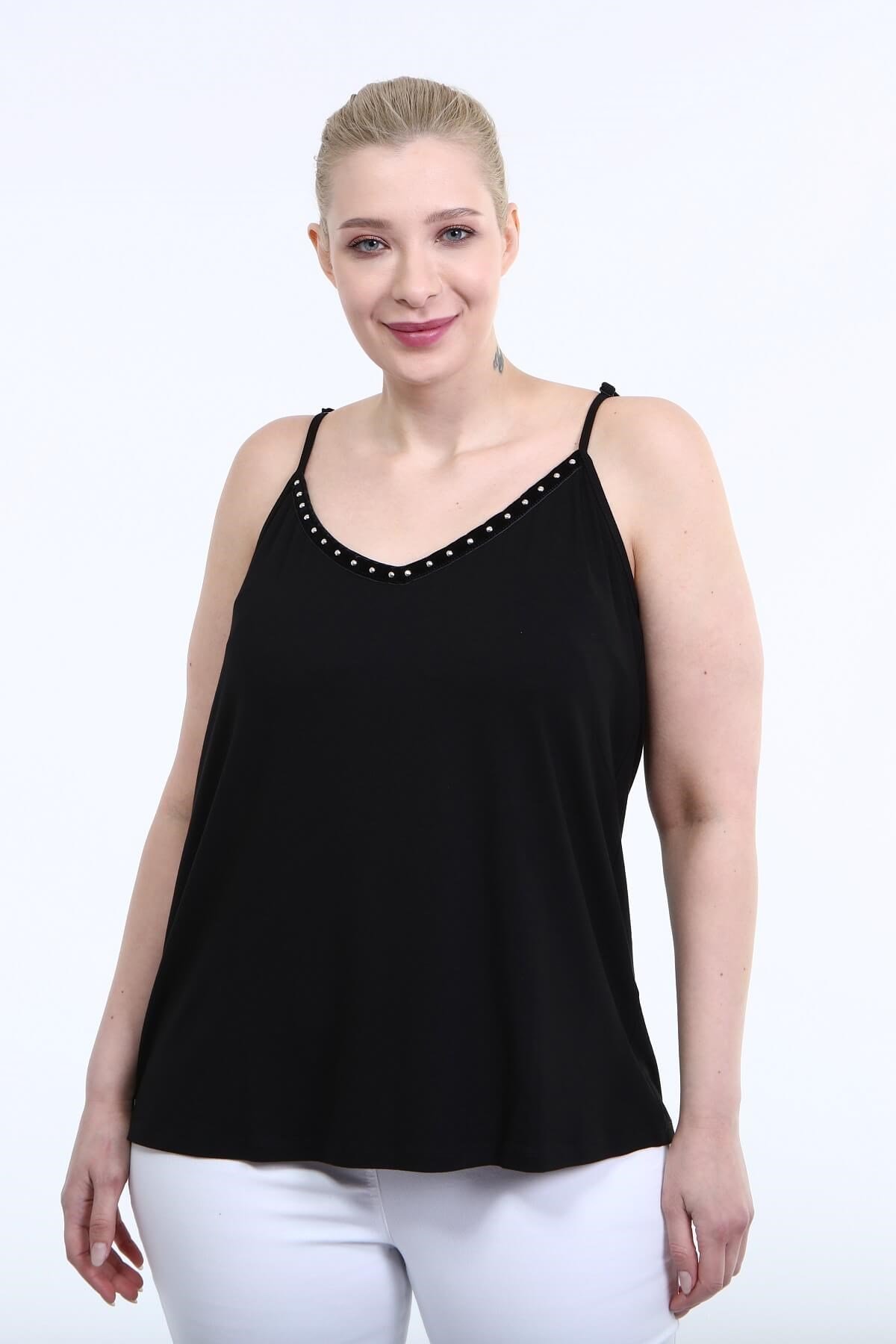 Myline-Askılı Şerit Detay Penye Bluz-Büyük Beden Bluz-66446