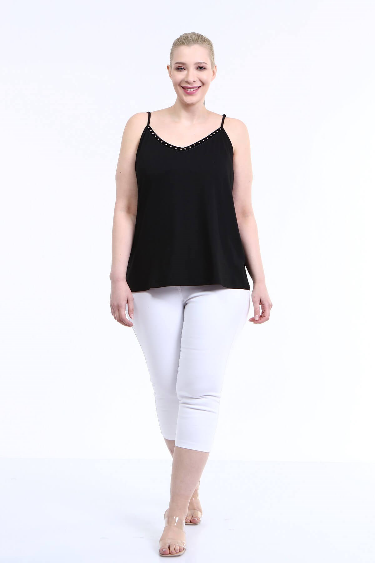 Myline-Askılı Şerit Detay Penye Bluz-Büyük Beden Bluz-66446