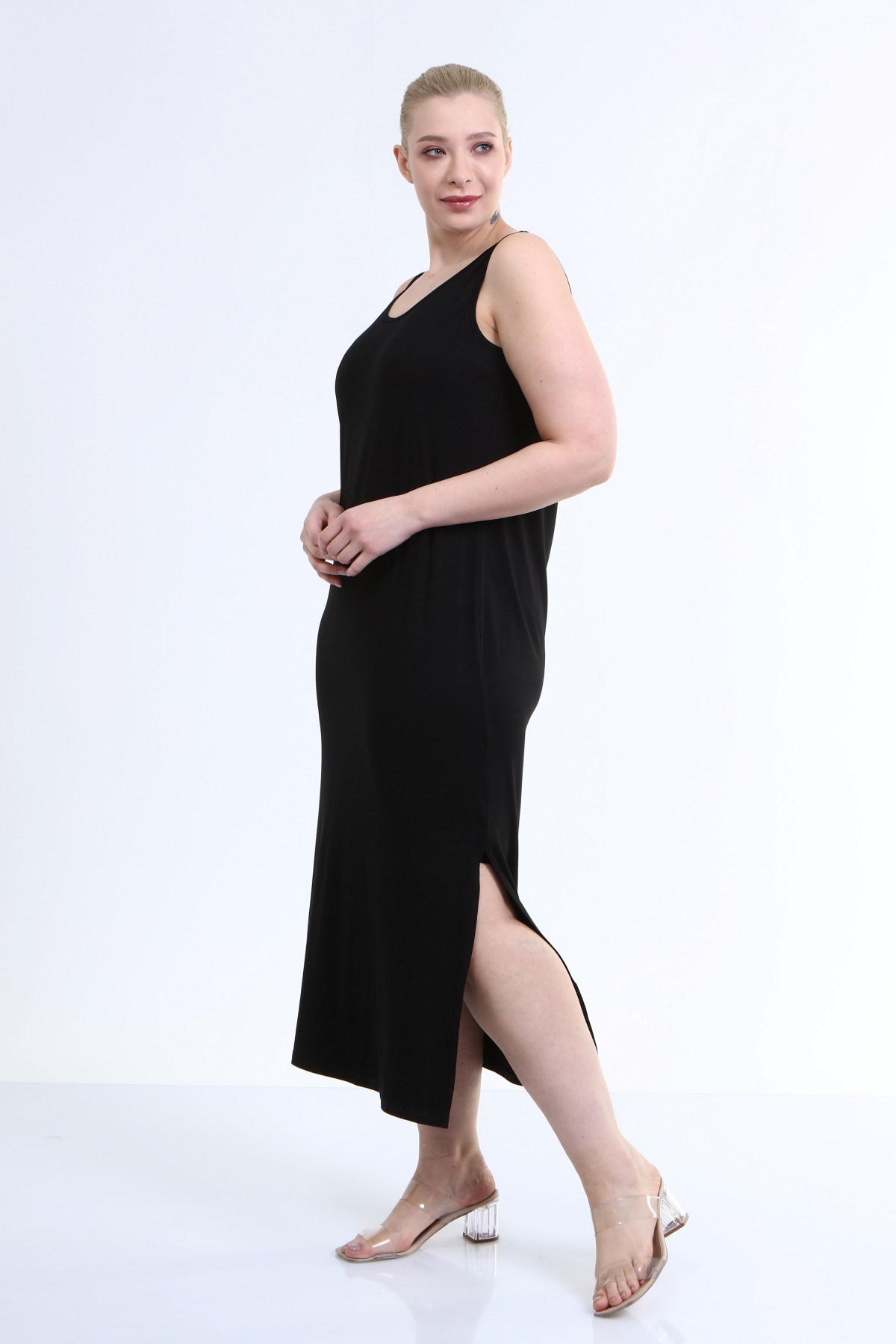 Myline-Askılı Yırtmaç Detaylı Penye Elbise -Büyük Beden Günlük Elbiseler-66423