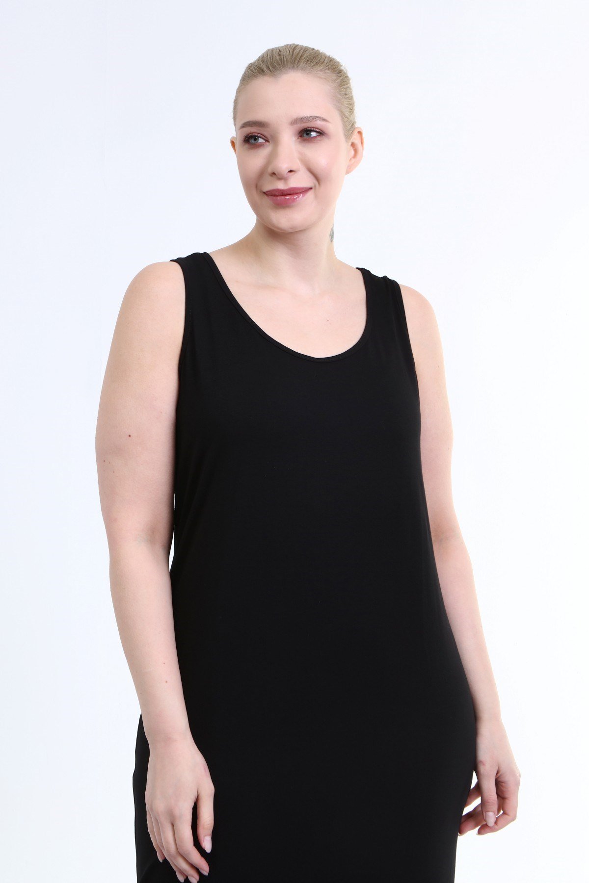 Myline-Askılı Yırtmaç Detaylı Penye Elbise -Büyük Beden Günlük Elbiseler-66423