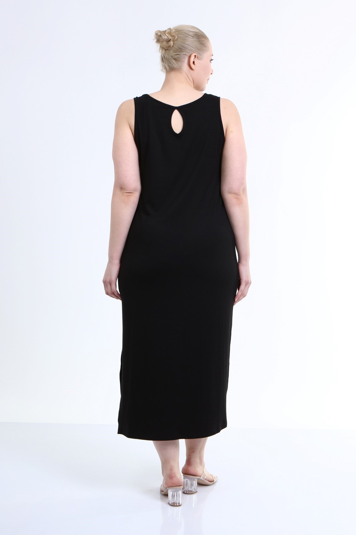 Myline-Askılı Yırtmaç Detaylı Penye Elbise -Büyük Beden Günlük Elbiseler-66423