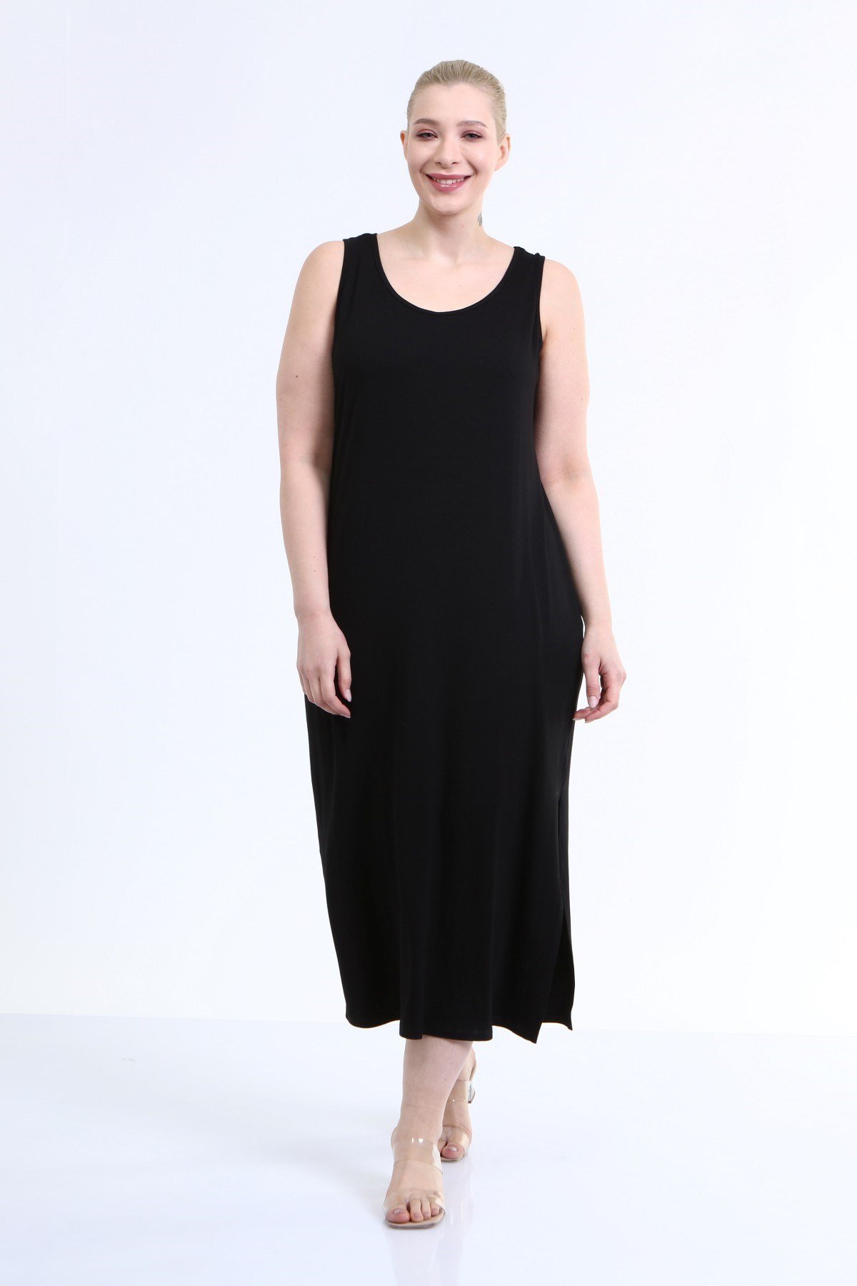 Myline-Askılı Yırtmaç Detaylı Penye Elbise -Büyük Beden Günlük Elbiseler-66423