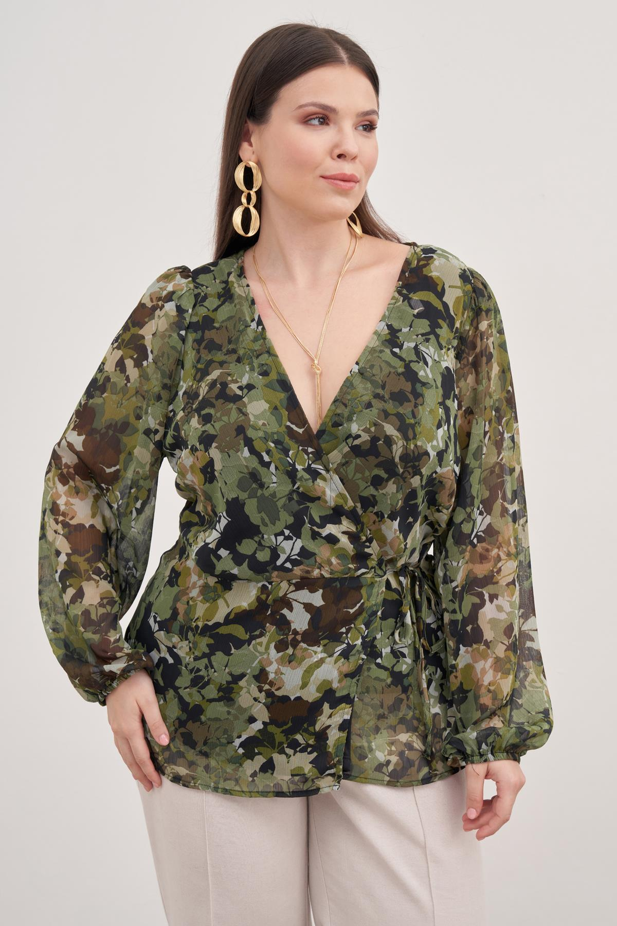 Myline-Astarlı Bağlama Detaylı Şifon Bluz-Büyük Beden Bluz-118435