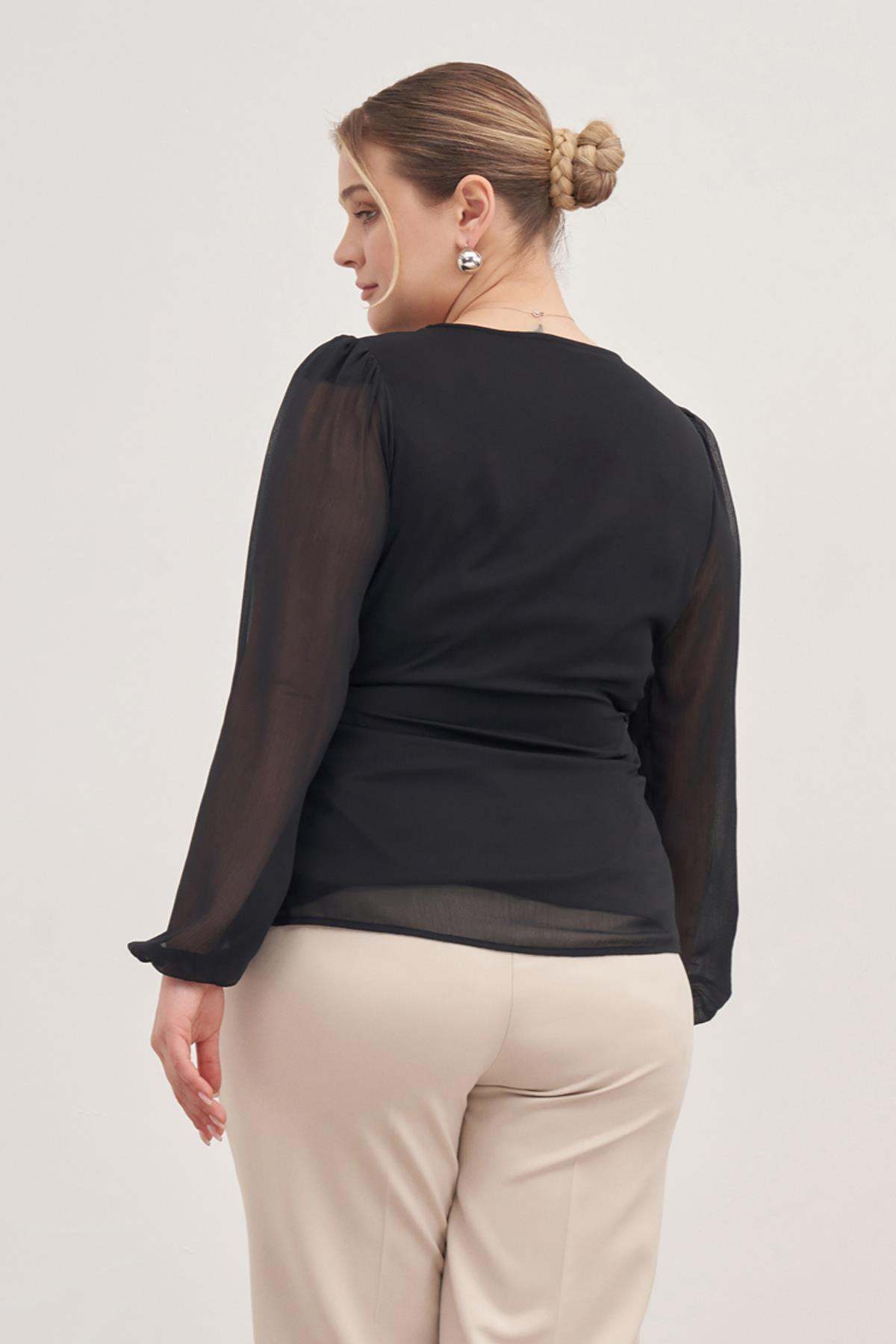 Myline-Astarlı Bağlama Detaylı Şifon Bluz-Büyük Beden Bluz-88142