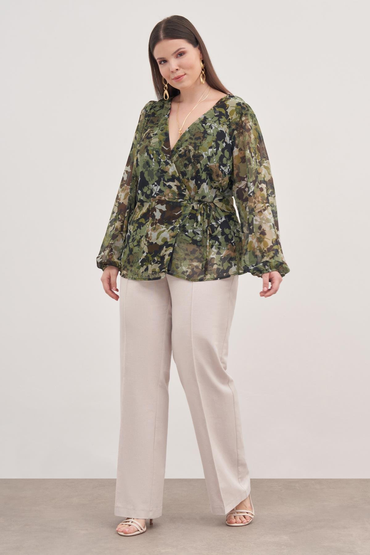 Myline-Astarlı Bağlama Detaylı Şifon Bluz-Büyük Beden Bluz-118435