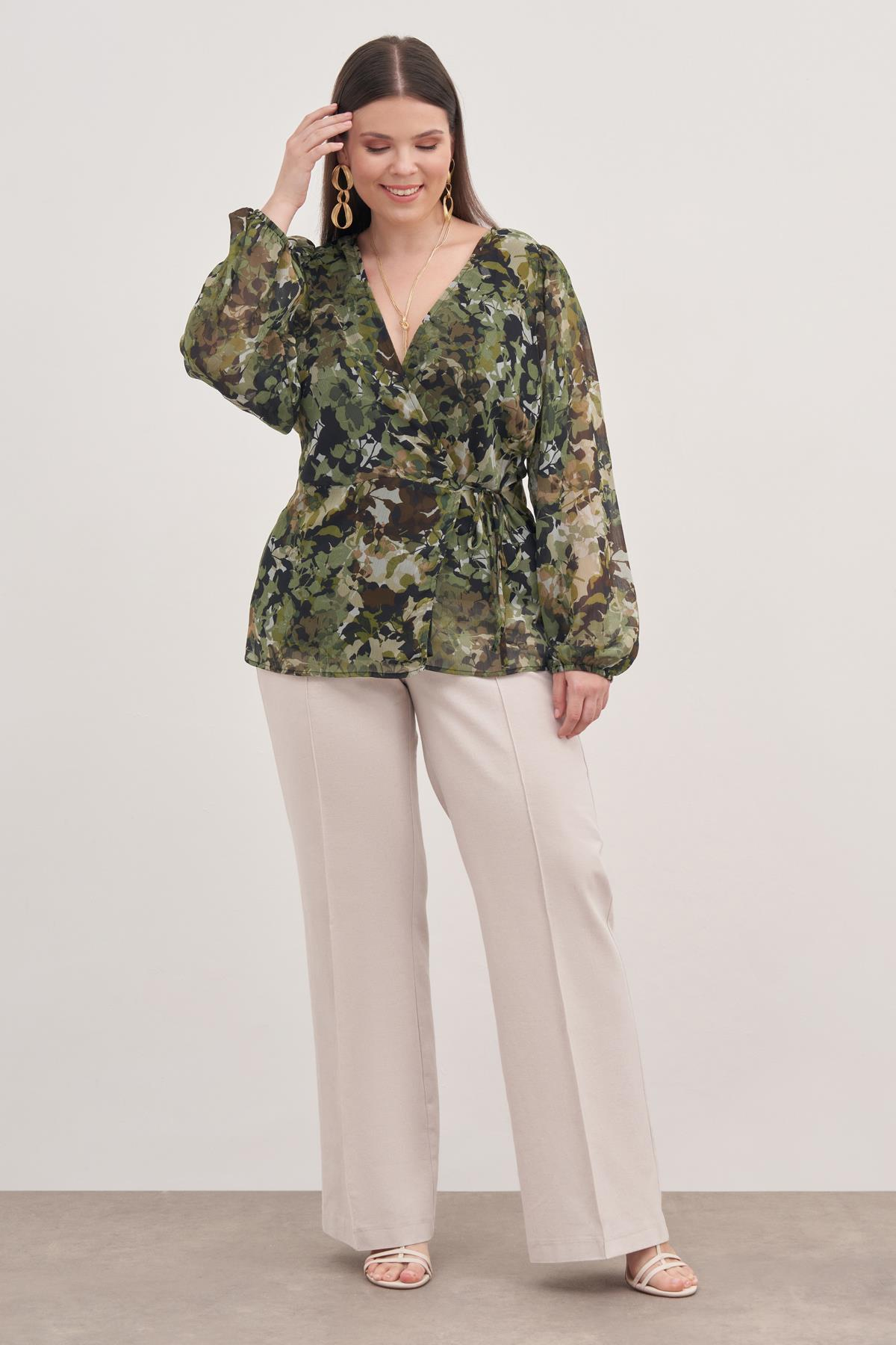 Myline-Astarlı Bağlama Detaylı Şifon Bluz-Büyük Beden Bluz-118435