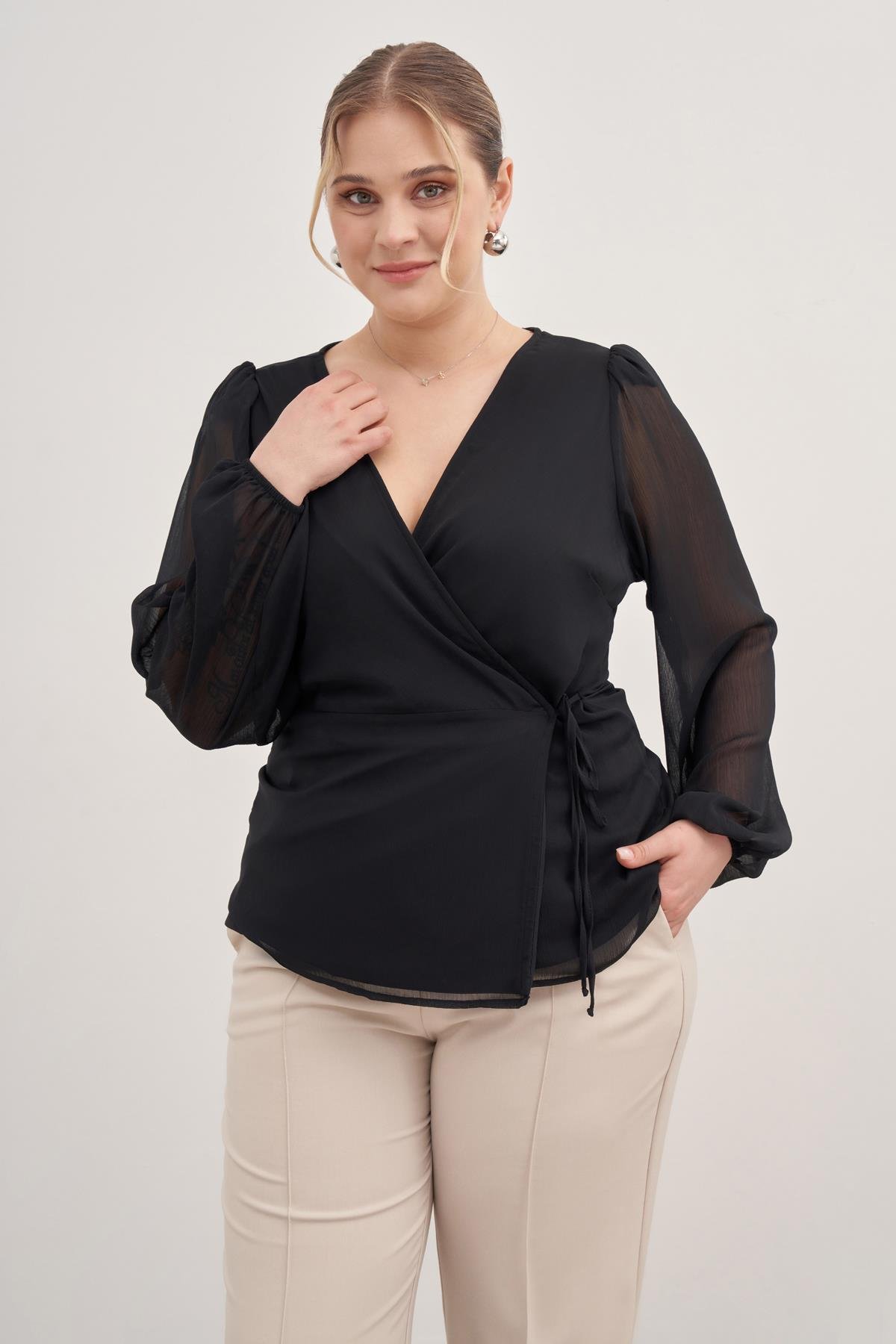 Myline-Astarlı Bağlama Detaylı Şifon Bluz-Büyük Beden Bluz-88142