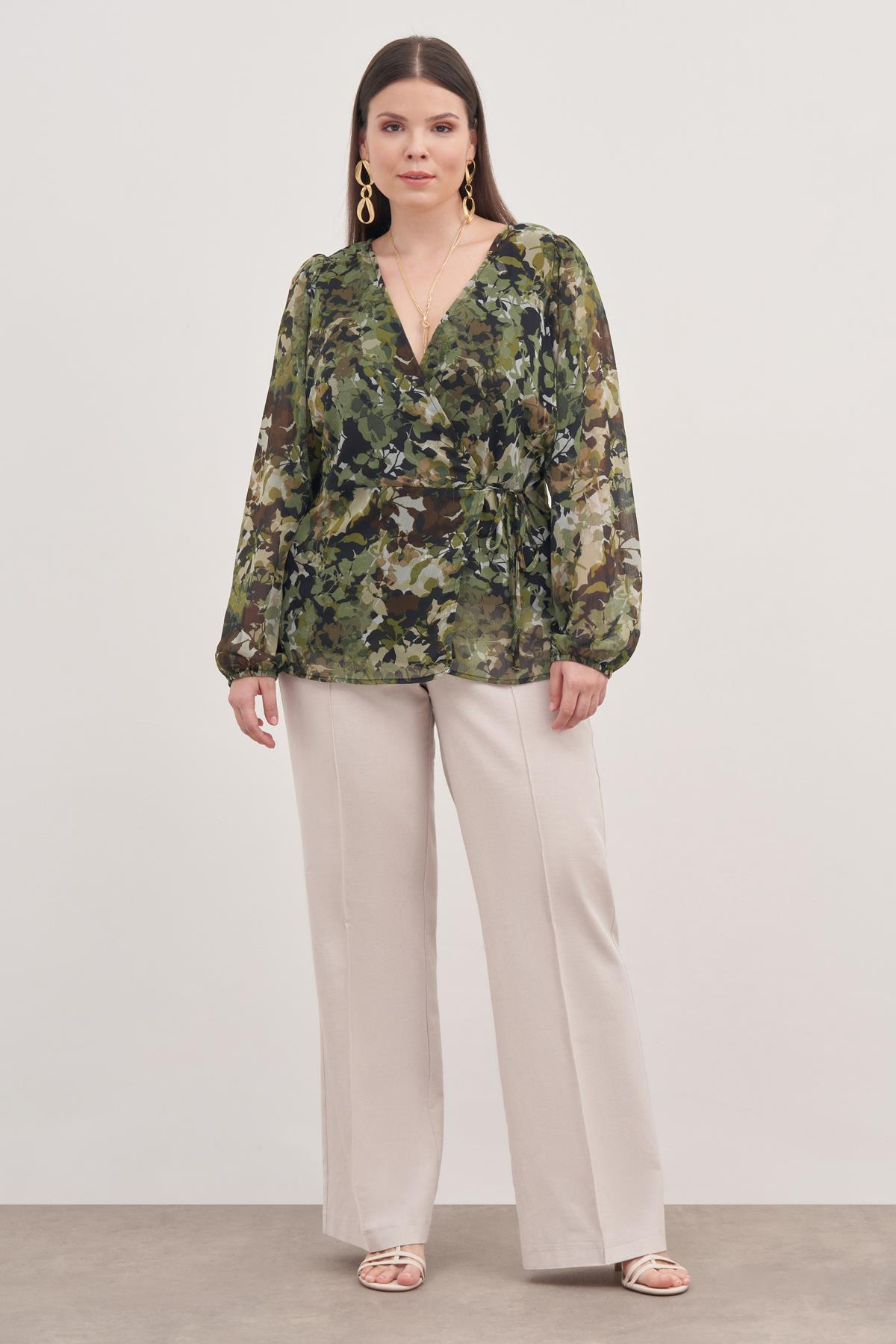 Myline-Astarlı Bağlama Detaylı Şifon Bluz-Büyük Beden Bluz-118435