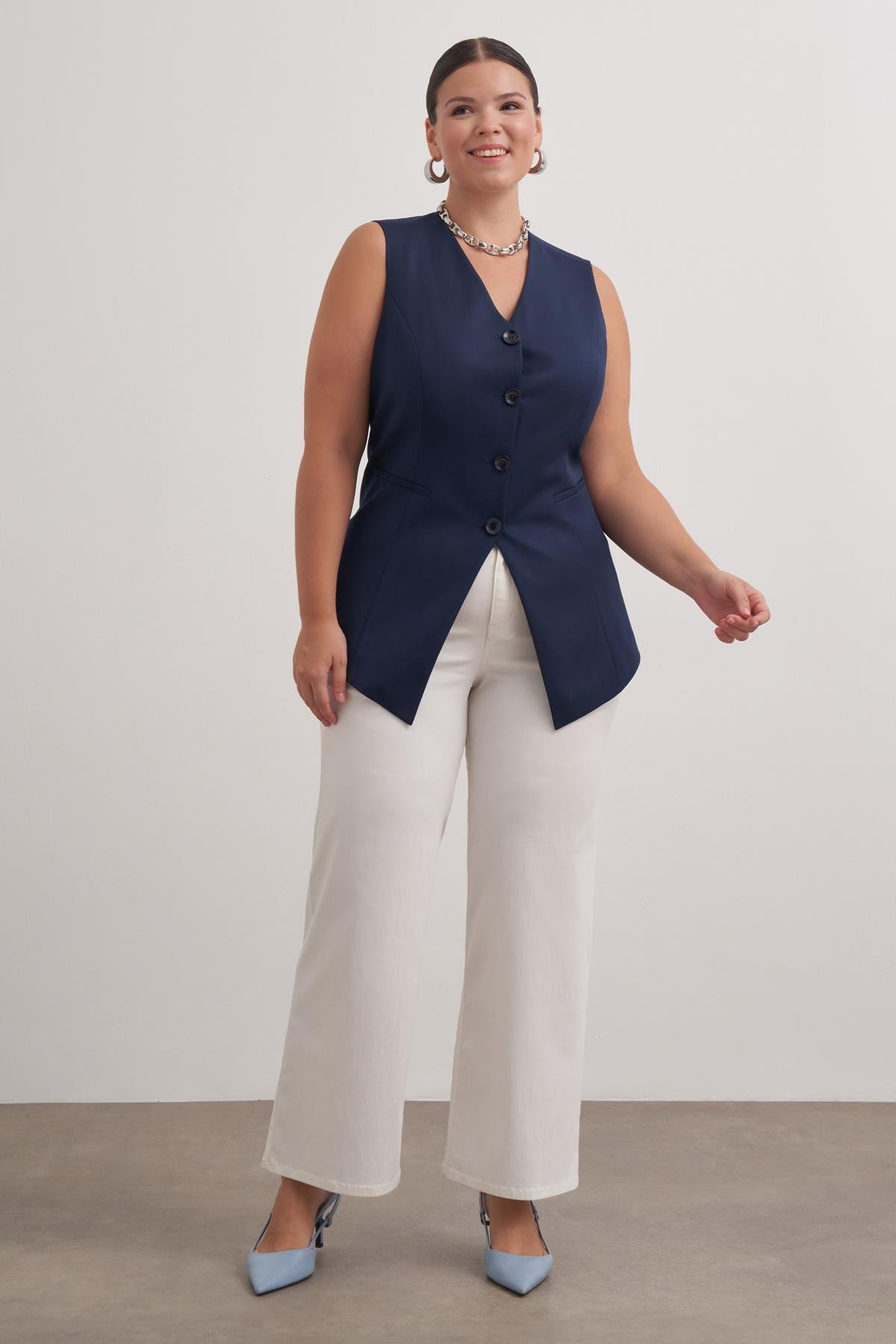 Myline-Astarlı Belden Oturtmalı Yelek-Büyük Beden Yelek-149595