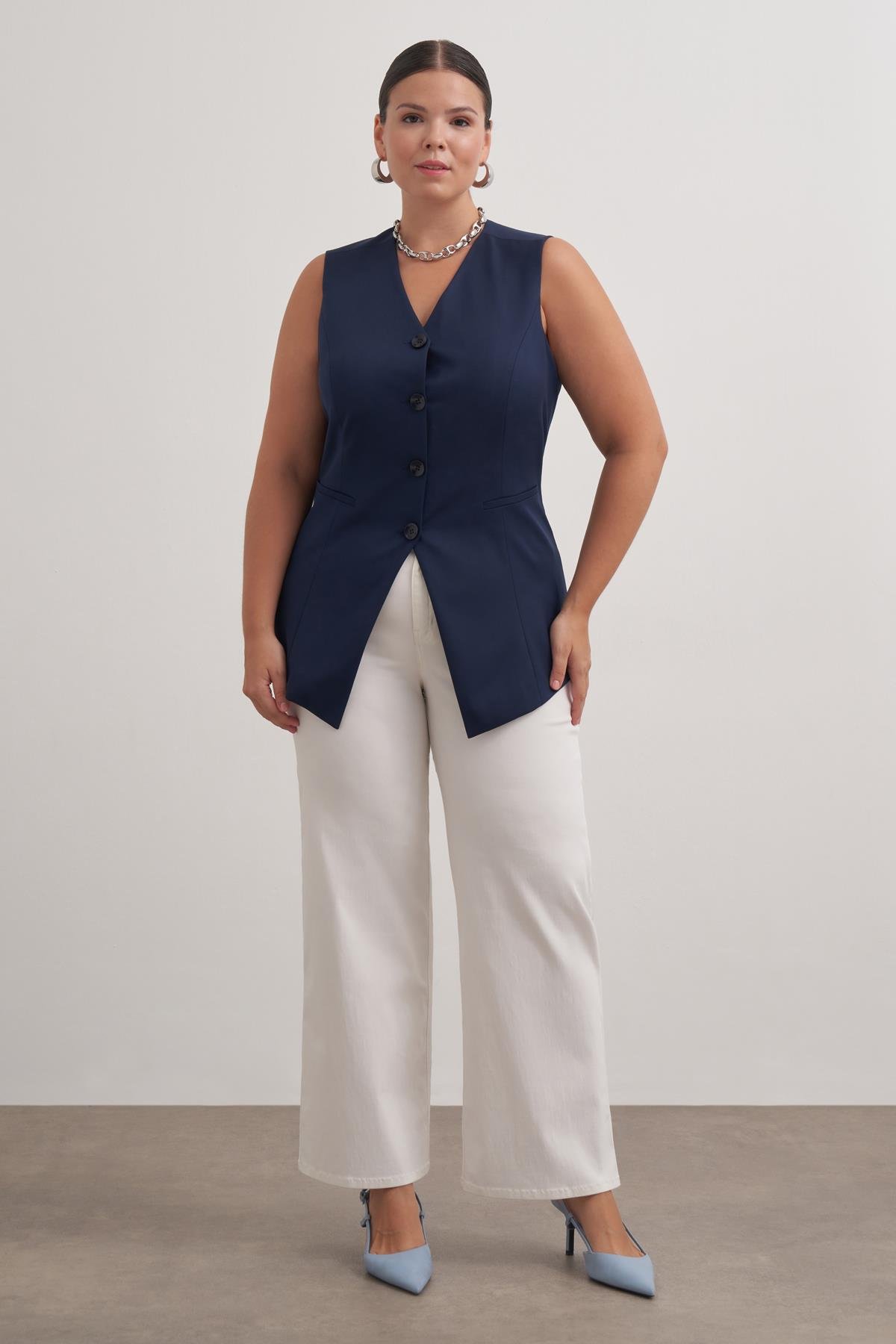 Myline-Astarlı Belden Oturtmalı Yelek-Büyük Beden Yelek-149595